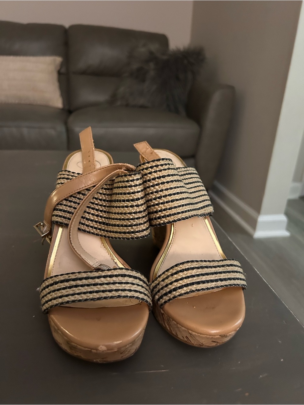 Jessica Simpson Tan and Black Striped Wedge Sandals
